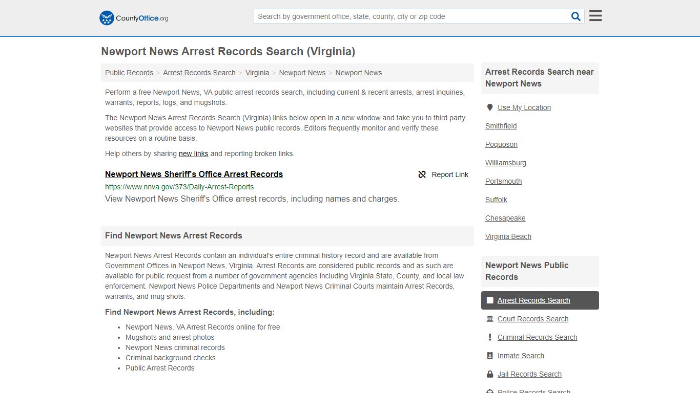 Newport News Arrest Records Search (Virginia) - County Office